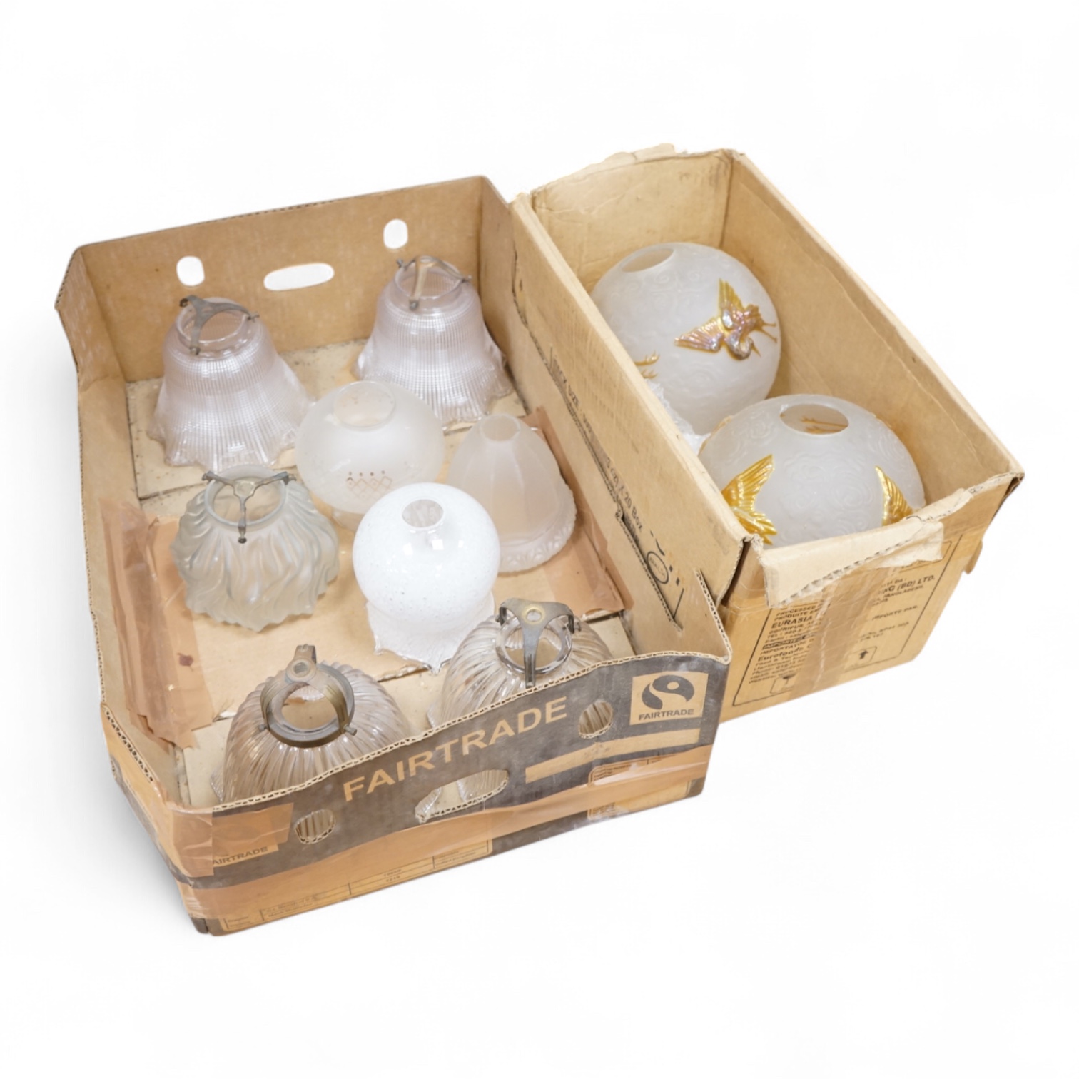 Three pair pairs various glass light shades and four single shades, to include a pair of French Art Deco Brevete S.G.D.G France et aL’Etranger